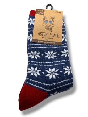 New With Tags Fair Isle Christmas Socks Blue White Red Snowflakes Plush Lined